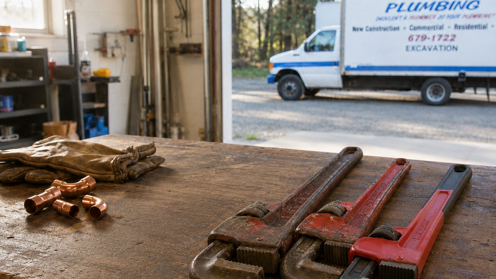 Pipe wrenches and copper fittings on a workbench with the Plummer's Plumbing truck parked outside the shop