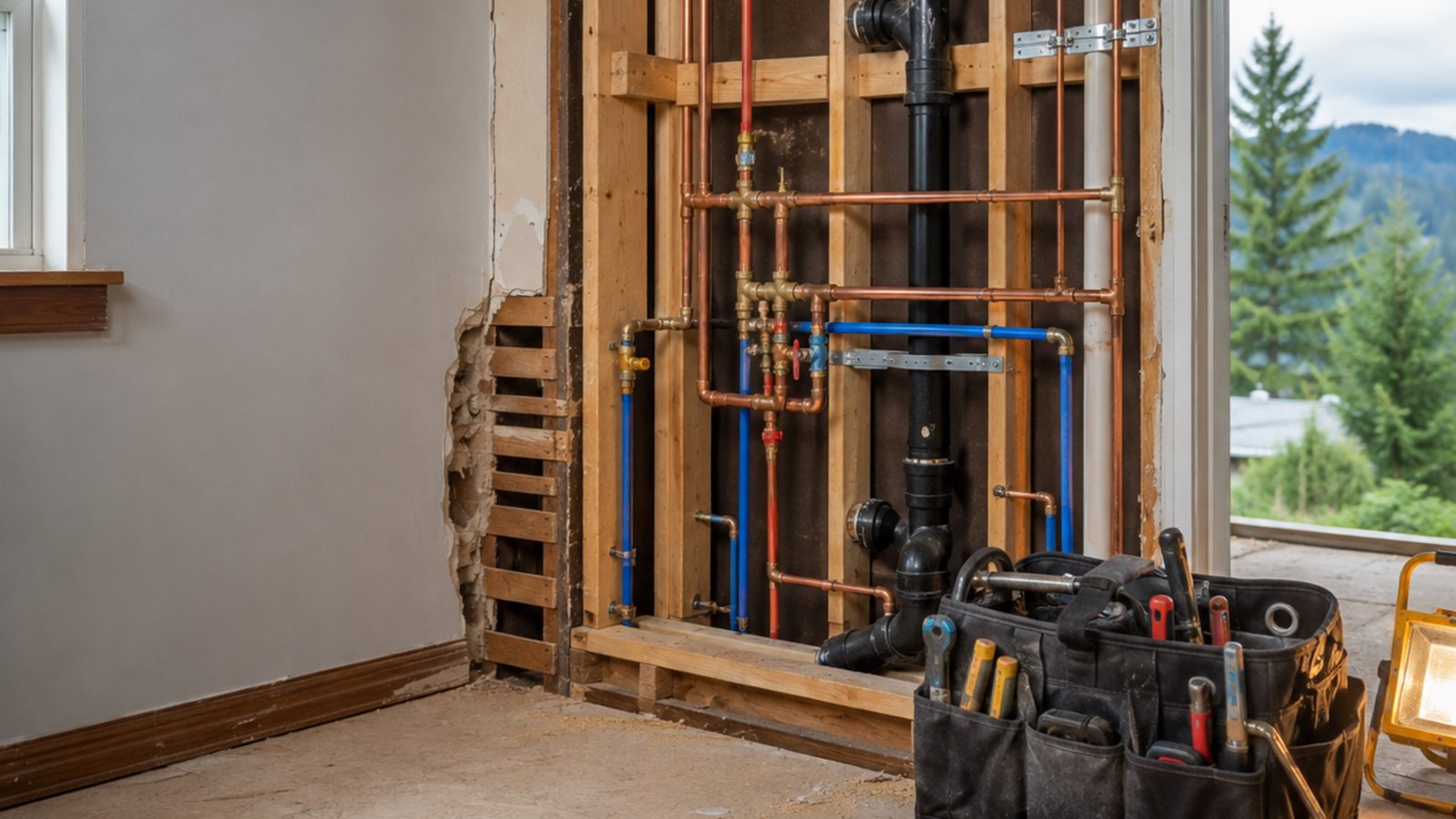 Copper, PEX and cast iron rough-in open in a wall with a plumber's tool bag on the floor