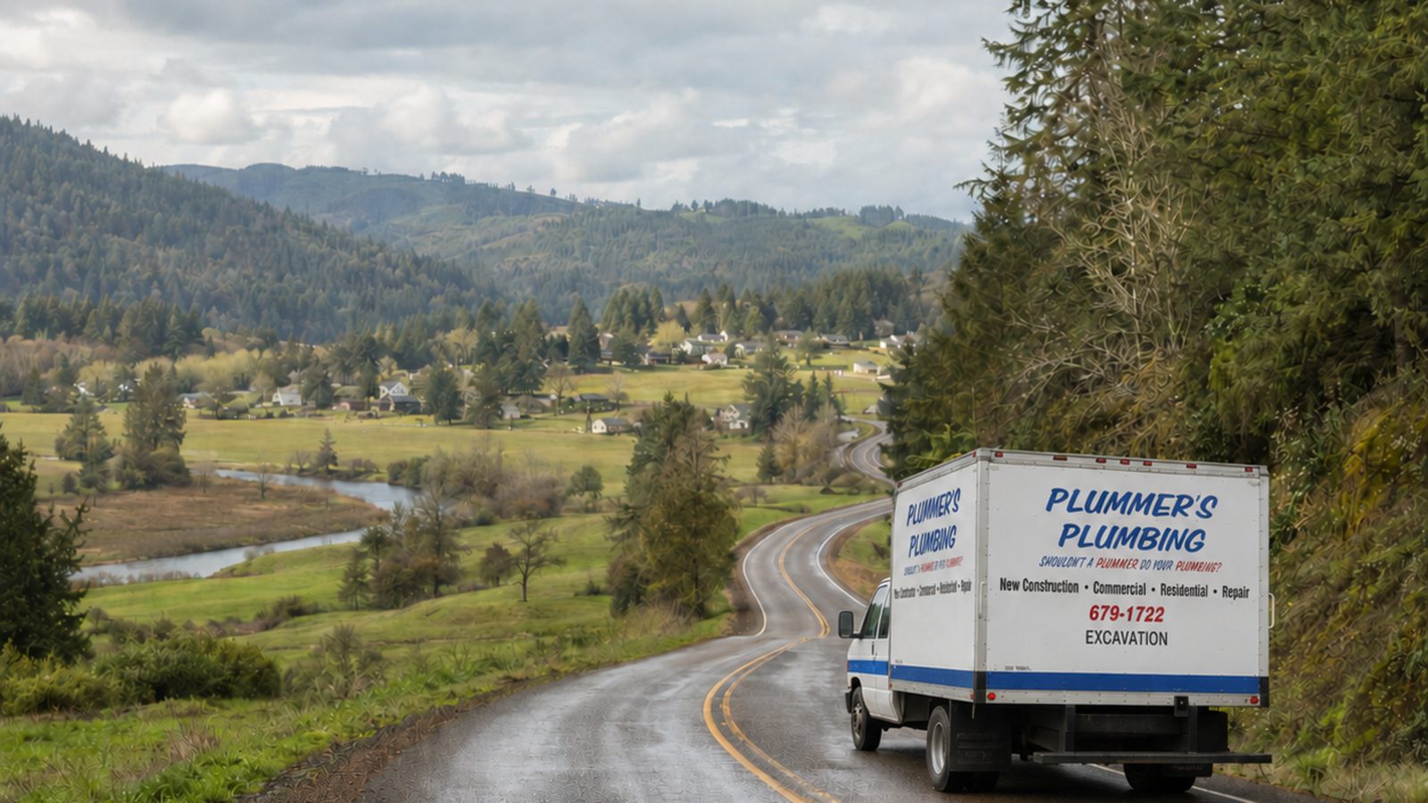 The Plummer's Plumbing truck on a wet two-lane road above the Umpqua valley