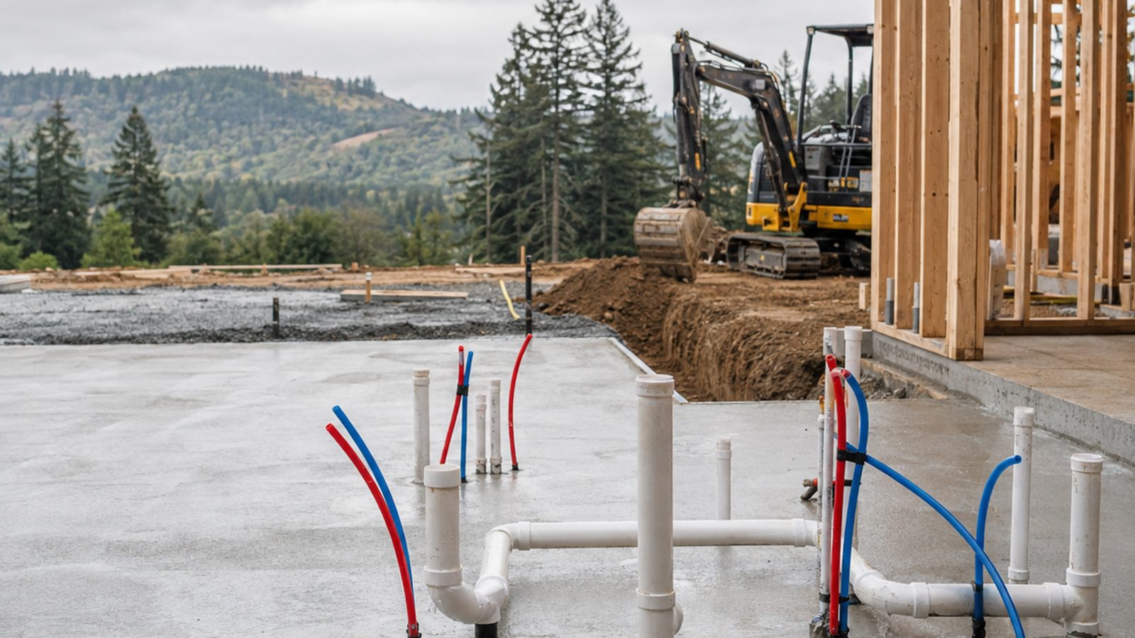 Underground plumbing stub-ups on a fresh slab with an excavator and framed walls behind