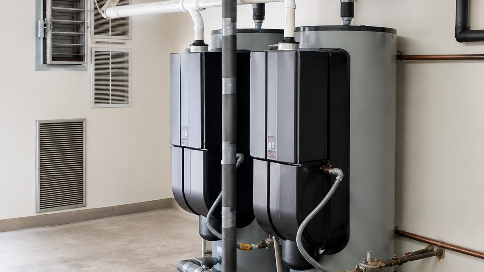 Commercial tankless water heaters mounted alongside storage tanks in a mechanical room