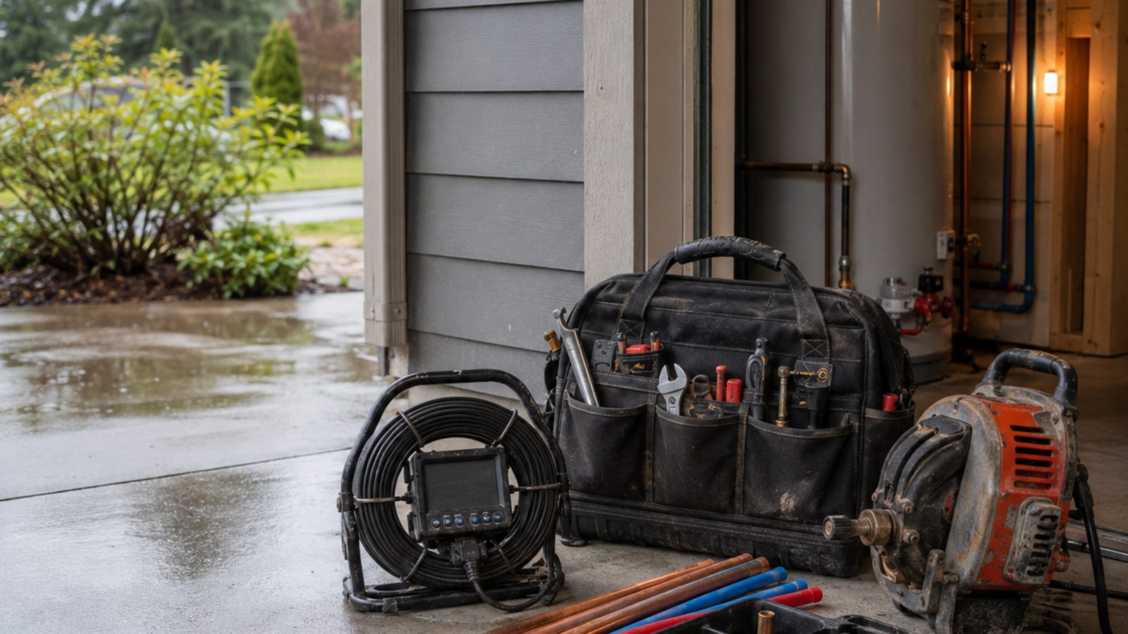A plumber's tool bag, sewer camera reel and drain machine set out by a water heater in an open garage